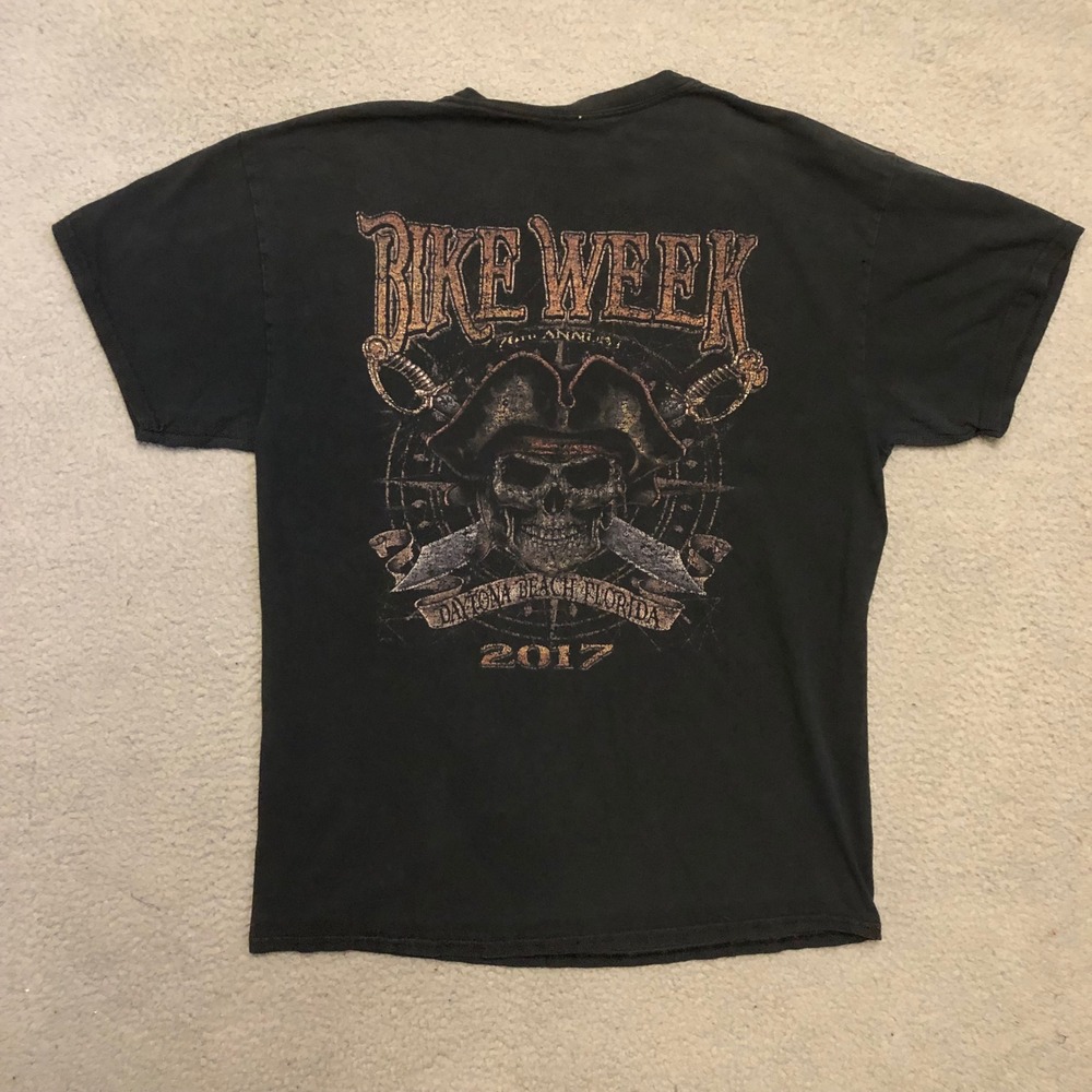 2017 Daytona Beach Bike Week Pirate Skull Graphic Shirt Black L Faded Distressed